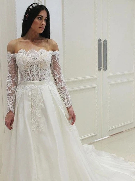 Off the Shoulder Lace Appliques Long Sleeve Wedding Dresses OW691