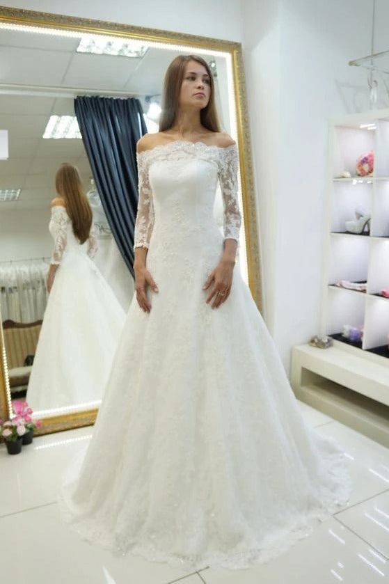 Off Shoulder Long Sleeve Wedding Dresses Lace Appliques Bridal Dresses OW684