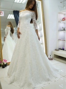 Off Shoulder Long Sleeve Wedding Dresses Lace Appliques Bridal Dresses OW684