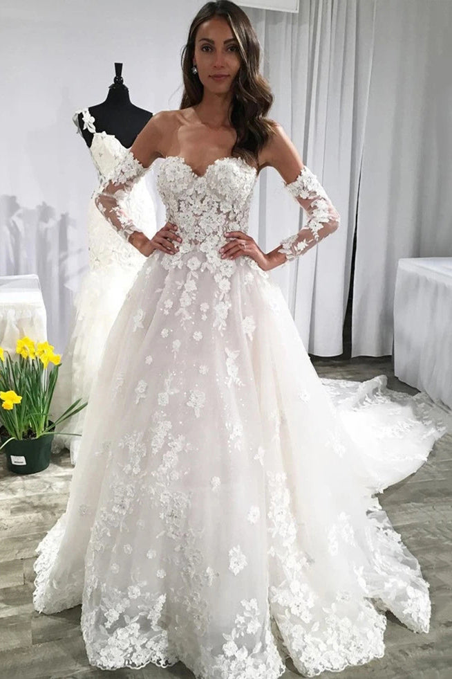 Sweetheart Lace Appliques Backless Wedding Dresses With Sleeves OW699