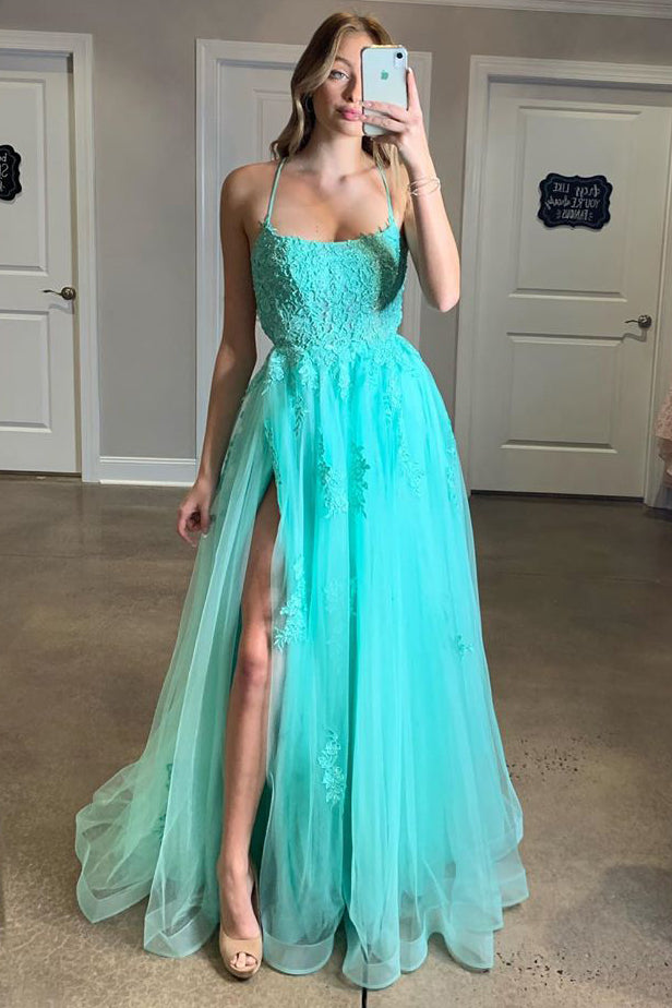 Turquoise Spaghetti Straps Split Evening Dress Appliqued Backless Long Prom Dress PO311