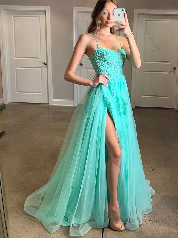 Turquoise Spaghetti Straps Split Evening Dress Appliqued Backless Long Turquoise Spaghetti Straps Split Evening Dress Appliqued Backless Long