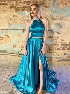 Beading Halter Long Prom Dresses Two Pieces Evening Gown With Split PO173
