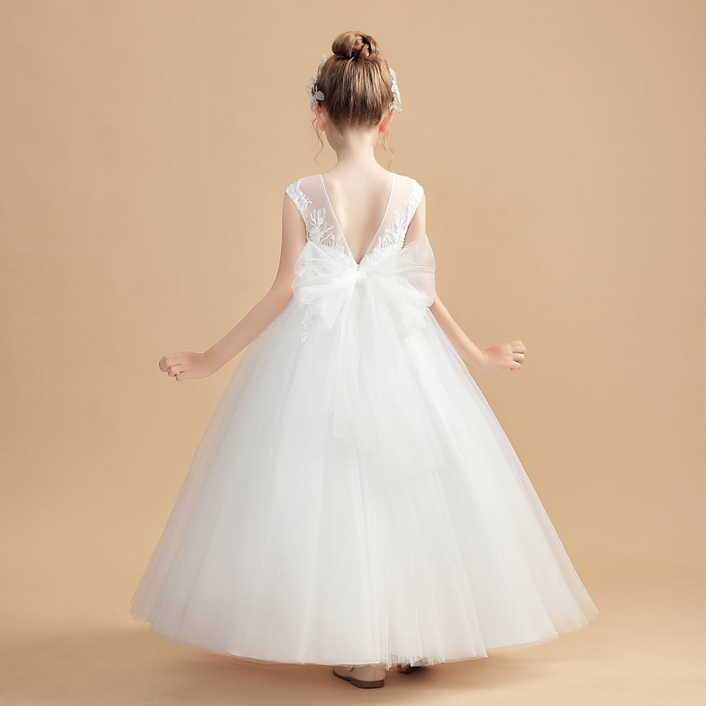 Sleeveless Ivory Long Tulle Flower Girl Dress With Bowknot