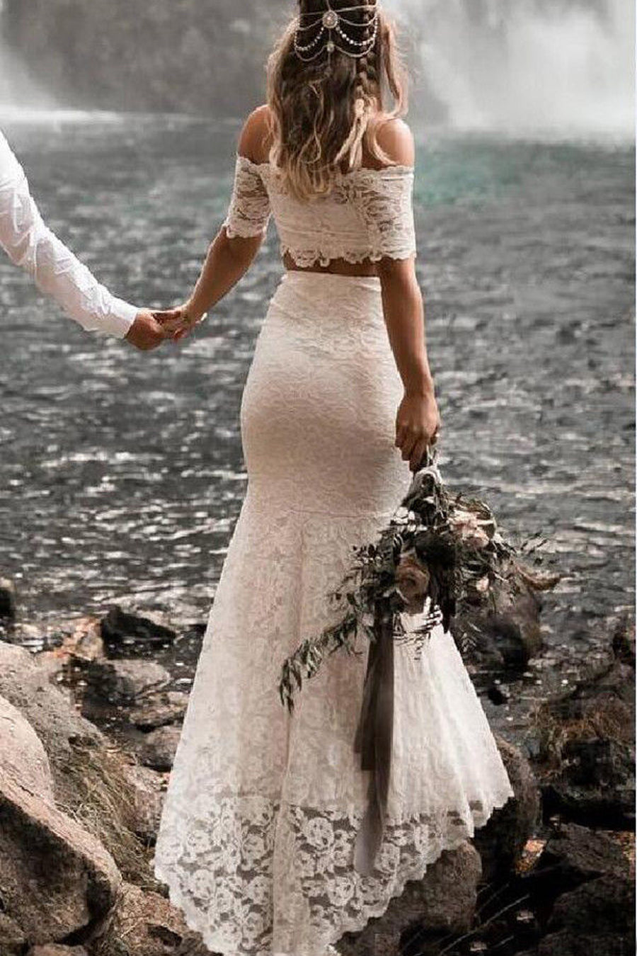 Two Pieces Mermaid Off The Shoulder Lace Wedding Dresses