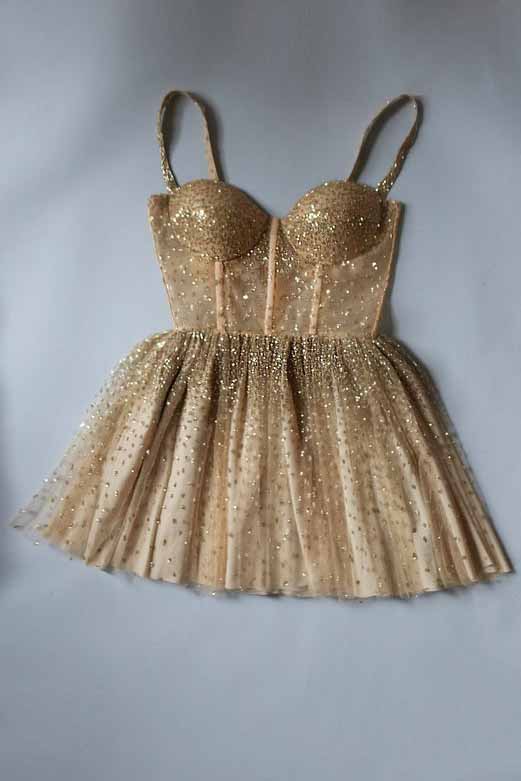 Sparkly Straps Golden Beading Short Prom Homecoming Dress OM220