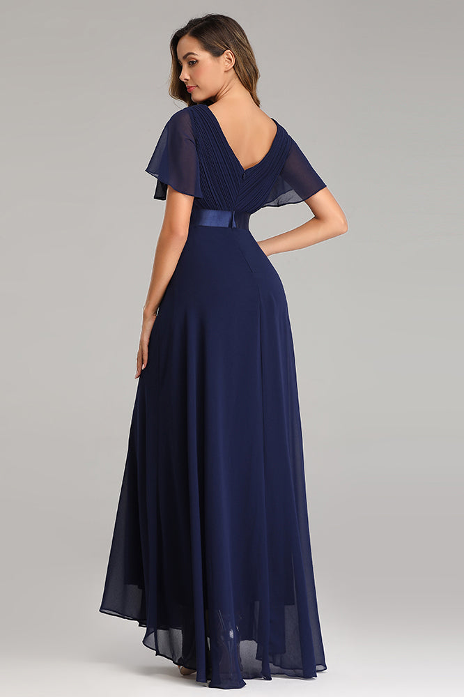 Flowy Chiffon Prom Dresses V-neck Ruffled Sleeve Formal Evening Dress E90812