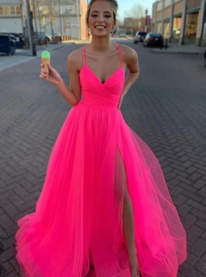 Fluorescent Fuchsia Spaghetti Straps Long Prom Dresses With Split PO338