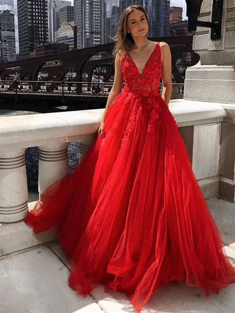 A Line V Neck Red Lace Appliques Long Prom Dresses A Line V Neck Red Lace Appliques Long Prom Dresses