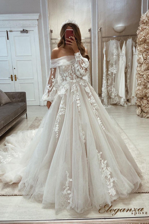 A Line Off the Shoulder Long Sleeve Tulle Wedding Dresses with Appliqu A Line Off the Shoulder Long Sleeve Tulle Wedding Dresses with Appliqu