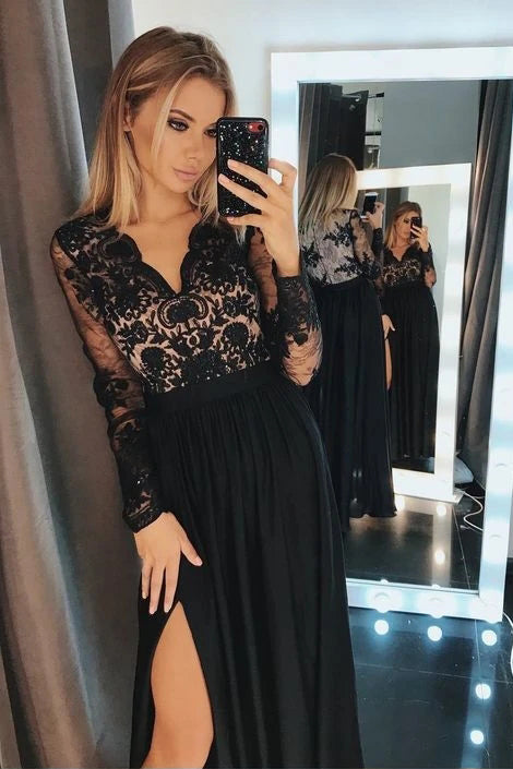 Long Sleeve Lace Black Long Prom Dresses A-line Evening Gown With Split PO323