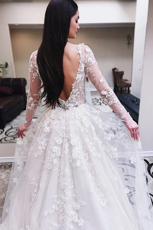 Princess V-Neck Long Sleeves V-Back Tulle Wedding Dresses With Lace Appliques