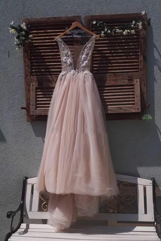 See Through V Neck 3D Flowers Beads Beach Wedding Bridal Gowns OW677