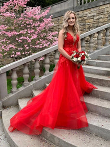 Red V-neck Tulle Long Prom Dresses Backless Long Evening Dress PO295