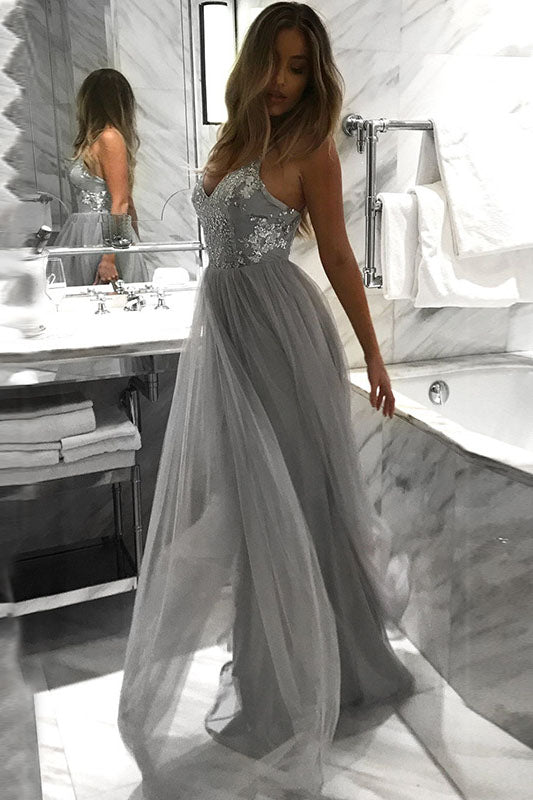Spaghetti Straps V-neck Tulle Grey Long Prom Dresses With Sequins PO035
