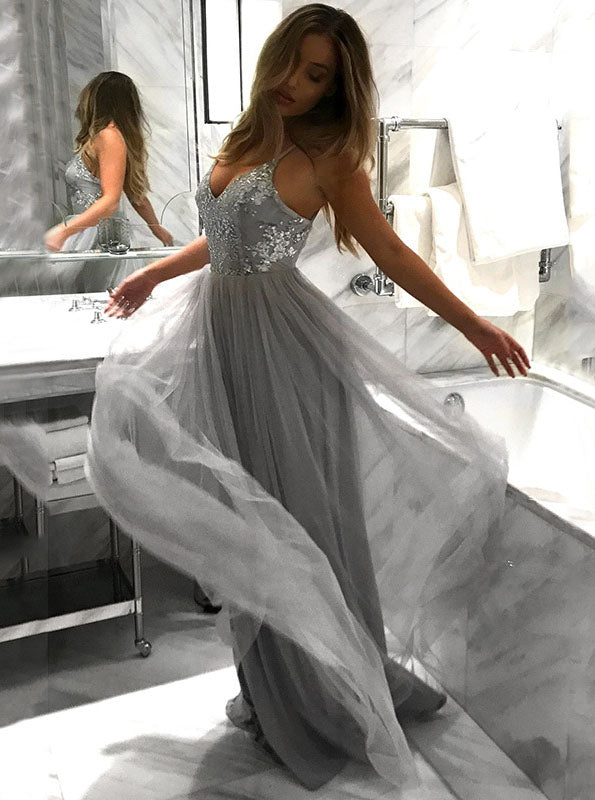 grey prom dresses uk Wedtrend Women Grey Blue Long Prom Dress A Line Spaghetti Straps Tulle Evening Dress with Criss Cross Back Wedtrend UK