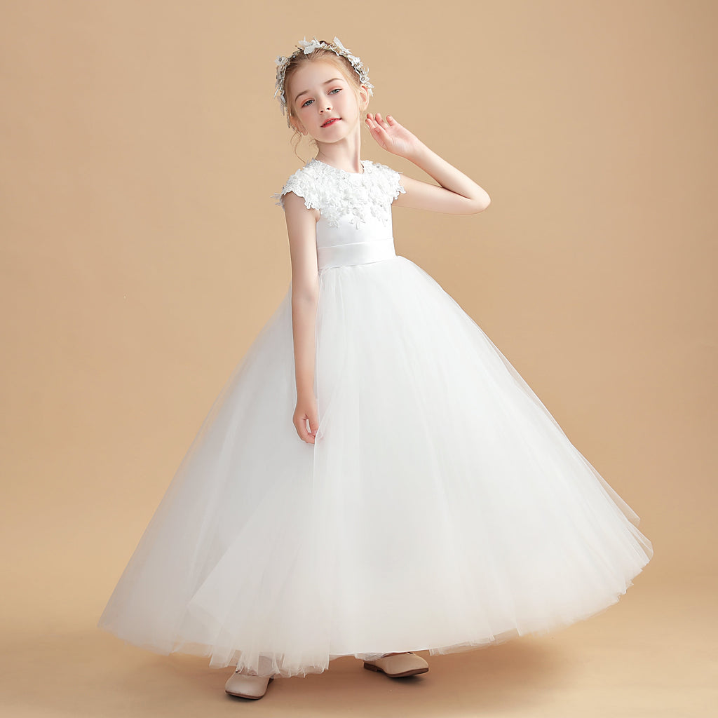 Short Sleeves Round Neck Satin Flower Girl Dress With Lace Appliques