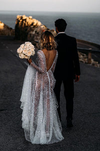 Sparkly See Through V Neck Long Sleeves Sequins Wedding Dresses N139