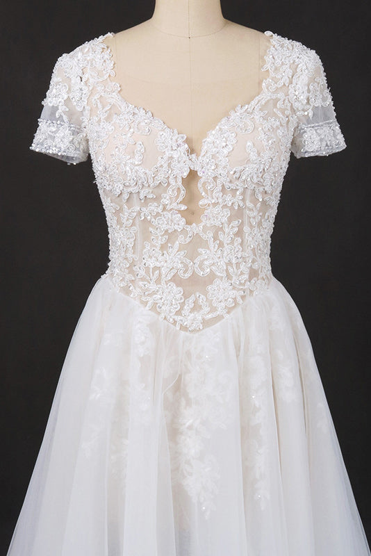 A-line Short Sleeves Lace Appliques Wedding Dress Keyhole Back Bridal Gown OW570
