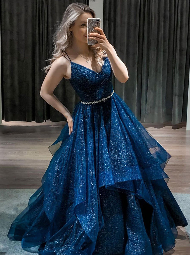 Navy Blue Tulle Long Prom Dress, A-Line Sweetheart Neck Evening Party