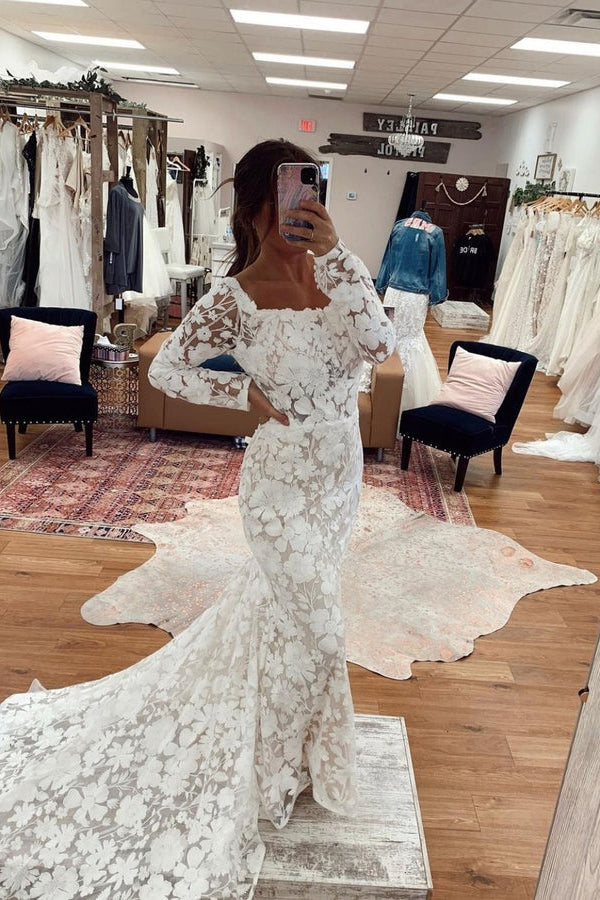 Gorgeous Mermaid Lace Square Neck White Lace Wedding Dresses N136