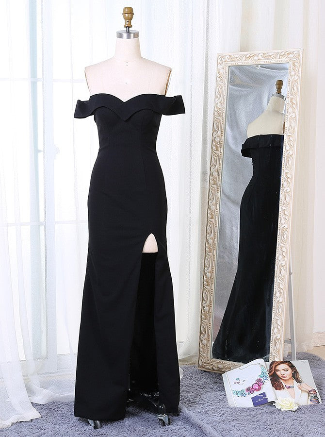 Sexy Black Off-the-Shoulder Sheath Split Long Prom Dress Evening Dress OP275