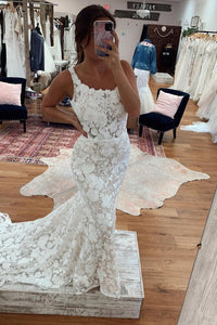 Gorgeous Mermaid Lace Square Neck White Lace Wedding Dresses N136