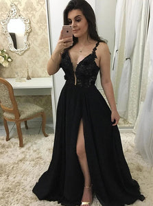 Black Long Prom Dresses with Appliques, Sexy Split Evening Dress PO291