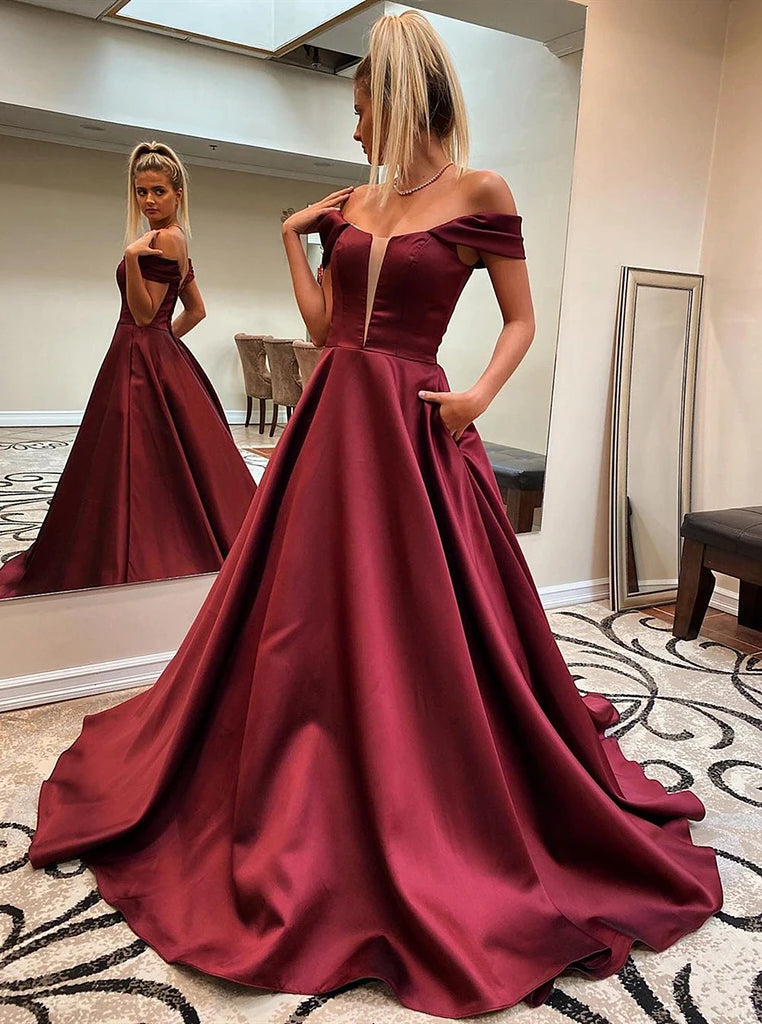 Off Shoulder Burgundy Prom Dresses, Long Graduation Evening Dress With