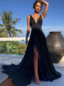 A-line V-neck Long Black Prom Dresses, Simple Long Split Evening Dress PO227