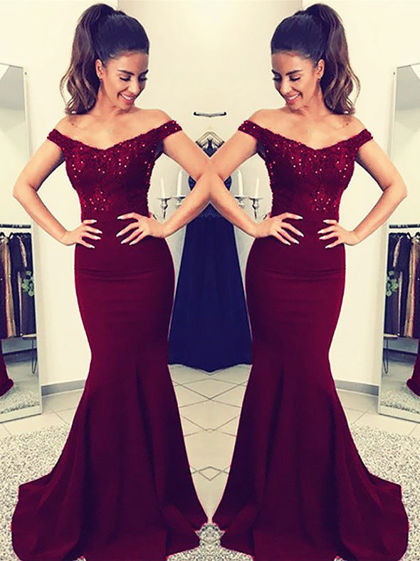 Satin Mermaid Off-the-Shoulder Sleeveless Floor-Length Lace Evening dress OP105