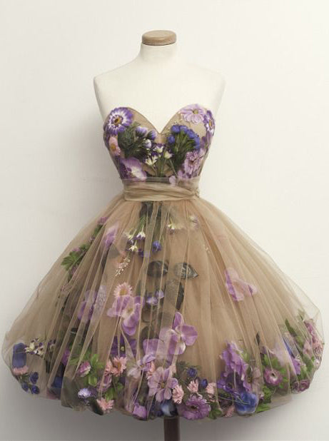 A Line Cute Sweetheart Short Prom Dresses Tulle with 3D Florals