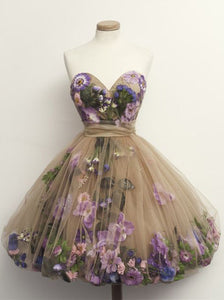 A Line Cute Sweetheart Short Prom Dresses Tulle with 3D Florals