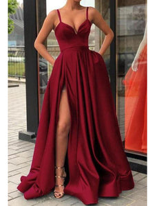 A-line Long Prom Dress with Pockets, Spaghetti Straps Slit Evening Gown OP611
