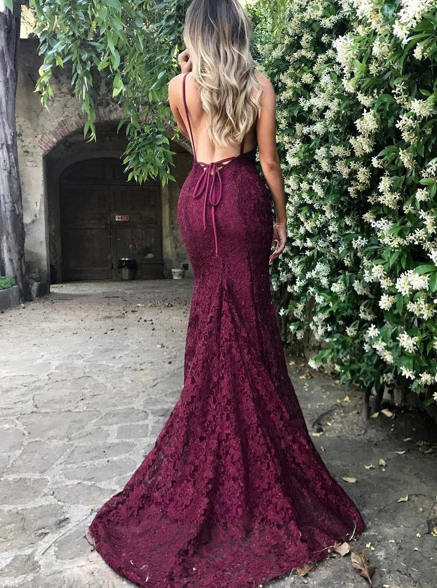 Chic Burgundy Prom Dresses Long Mermaid Modest Prom Dress With Lace