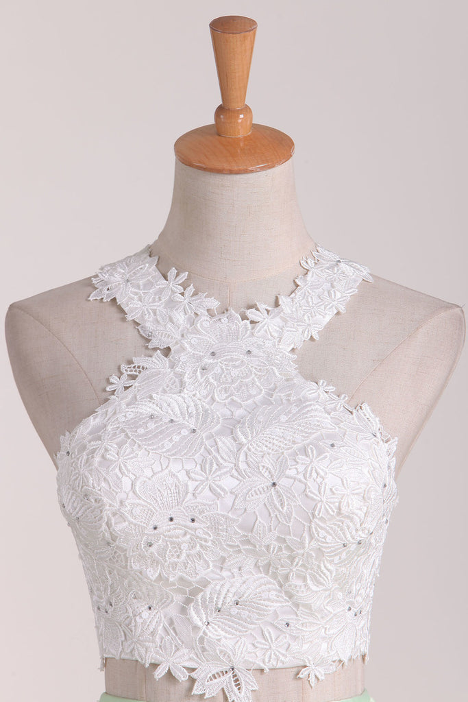 A Line Satin Lace Applique Two-Piece Scoop Short Prom Homecoming Dress OP328