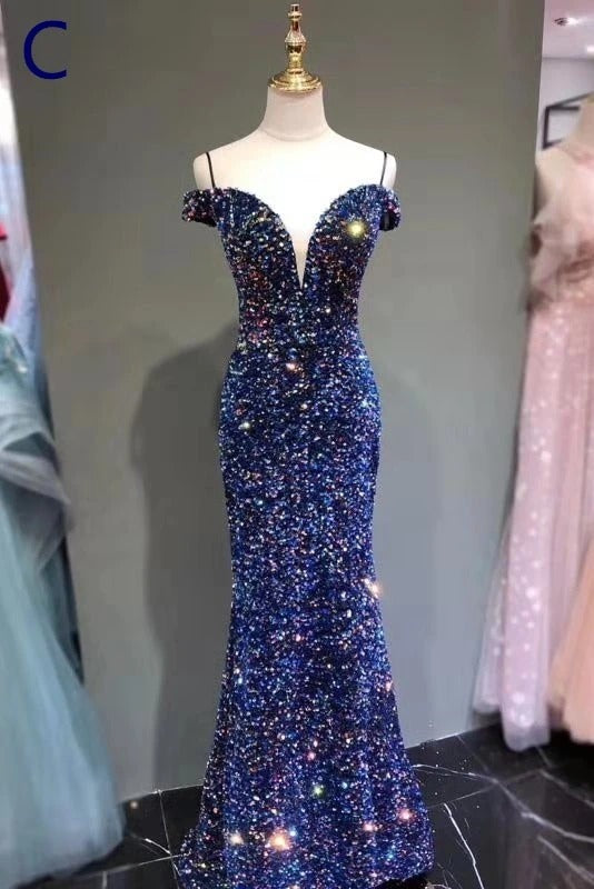New Arrival Sequin Shiny Long Prom Dresses For Women Modest Eveing Gown B0005