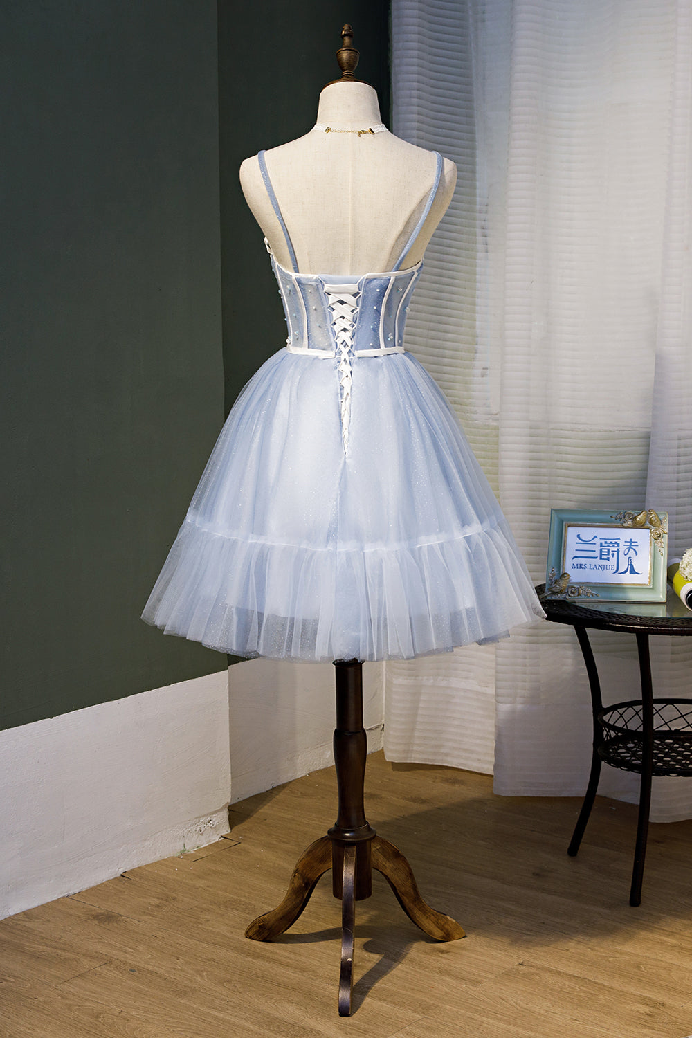A-Line Sky Blue Fairy Dress with Pearls Spaghetti Straps Homecoming Dress