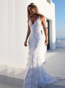 Mermaid Fancy White Spaghetti Straps Backless Tulle Wedding Dress OW346
