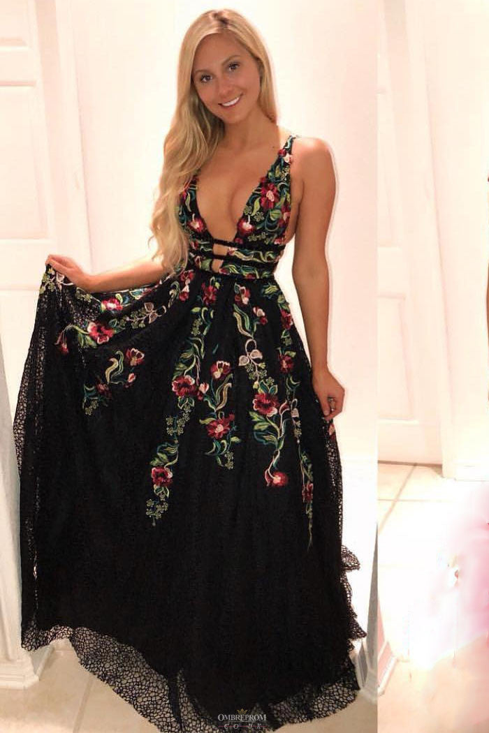 A Line V Neck Black Lace Floral Embroidery Long Prom Dress Backless Formal Gown