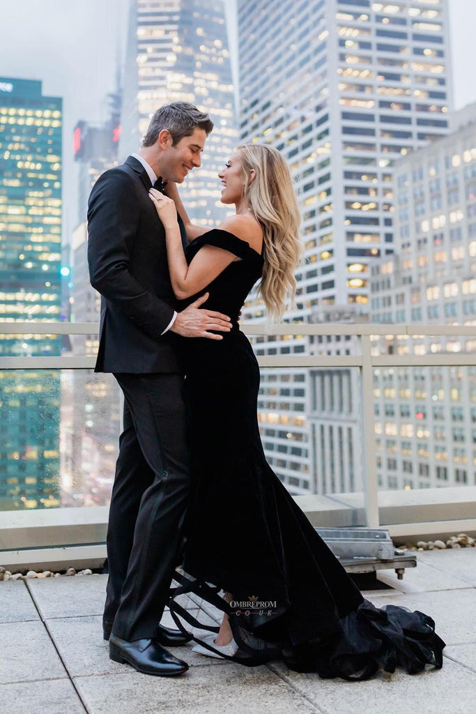 Mermaid Black Off the Shoulder Long Prom Party Dress With Split OP501