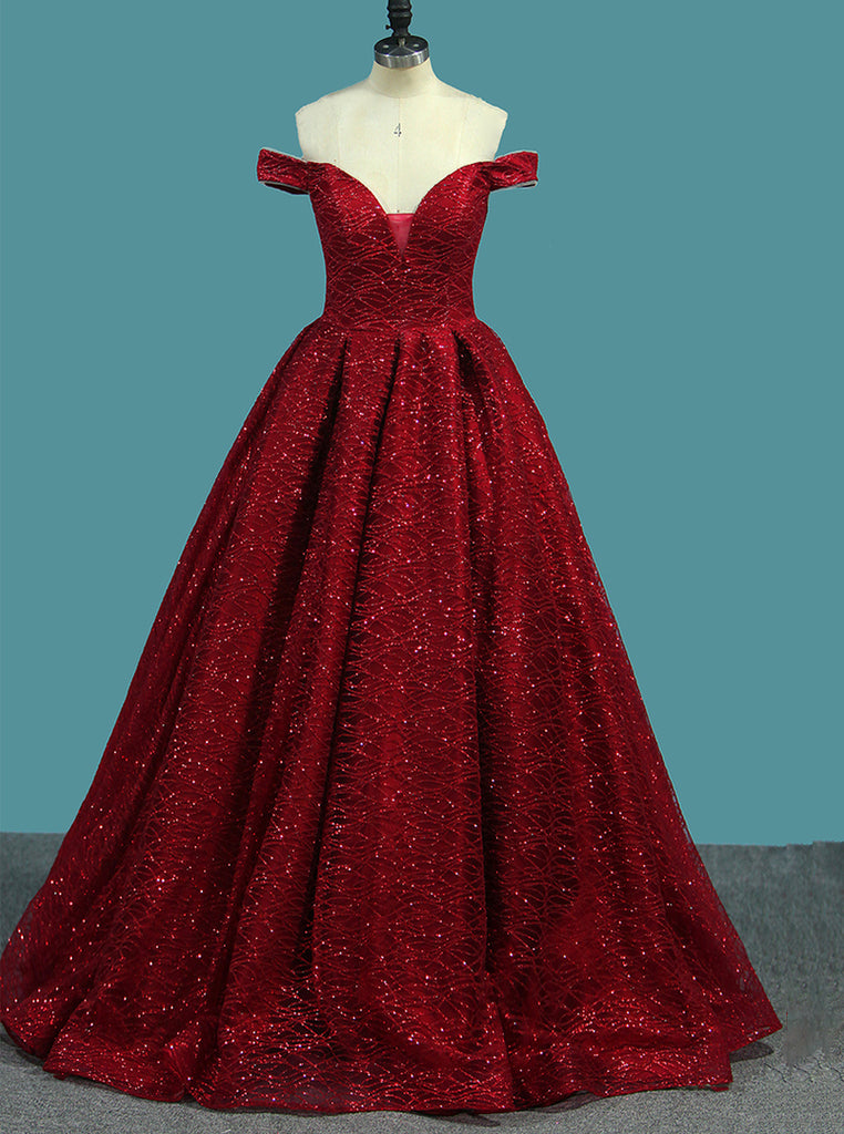 Sparkly Princess Red Off-The-Shoulder Ball Gown Prom Dress OP358