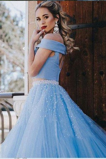 A Line Off Shoulder Blue Two Pieces Tulle Long Prom Dress with Beading