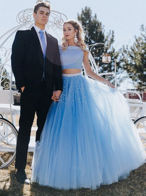 A Line Off Shoulder Blue Two Pieces Tulle Long Prom Dress with Beading
