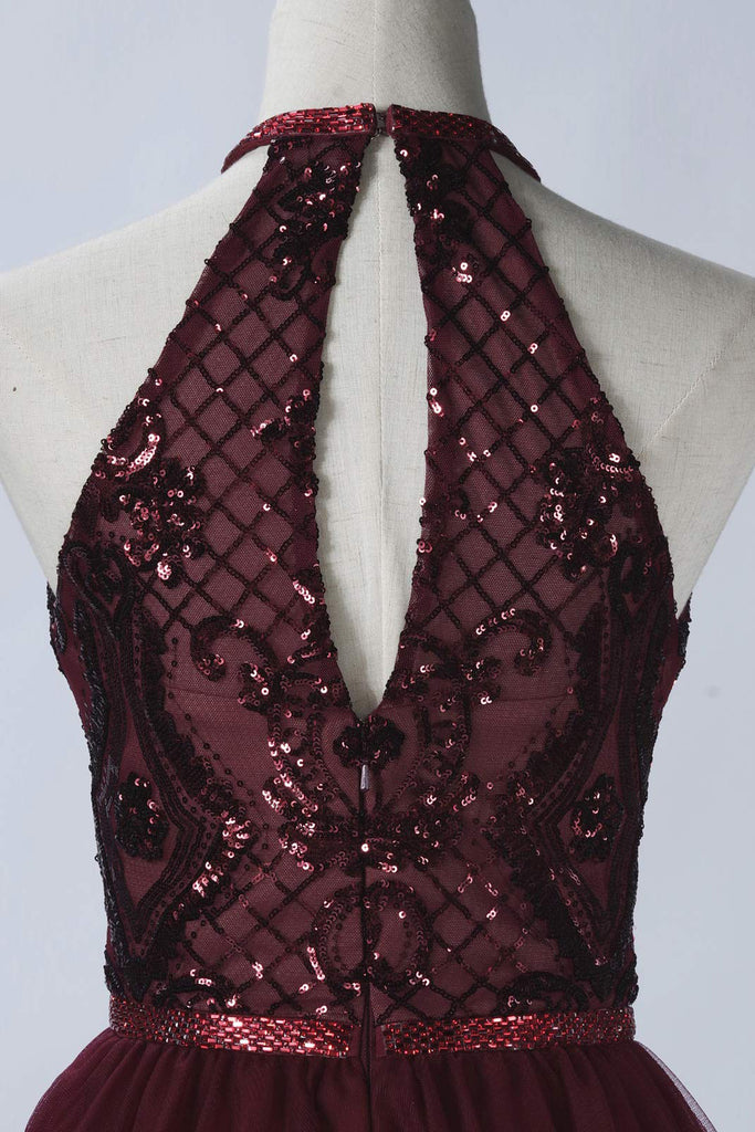 Burgundy A-Line Halter Tulle Homecoming Dress With Appliques