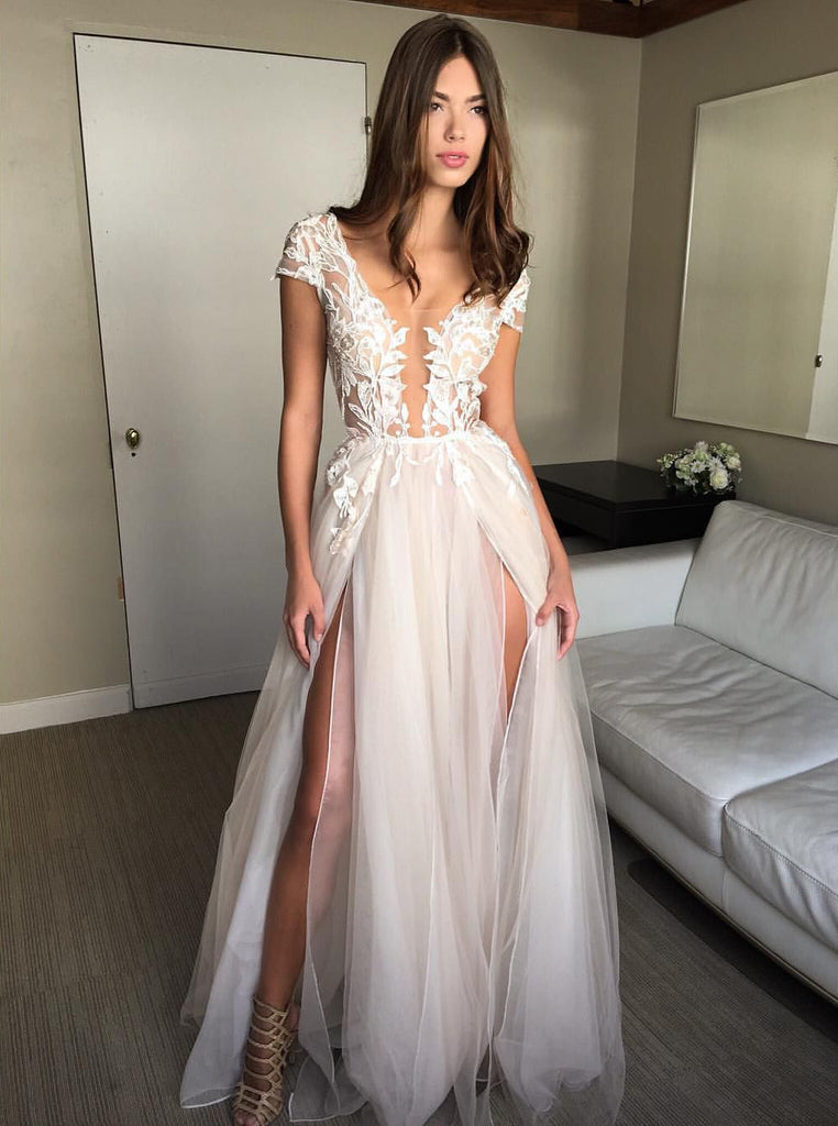 Cap Sleeve A-line Lace Tulle Long Backless Prom Dress Split Evening Dr