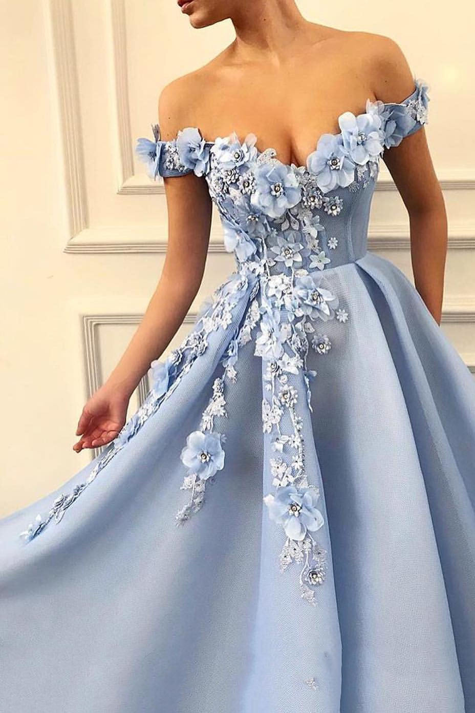 Charming Off Shoulder 3D Flower Appliques Net Blue Prom Dresses PW464