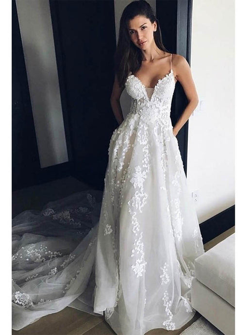Princess Spaghetti Straps Lace Beach Wedding Dress Boho Bridal Gown With Appliques OW324