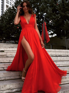 Sexy Chiffon Ruched Waist Red Long Prom Dress Evening Dress With Split OP326