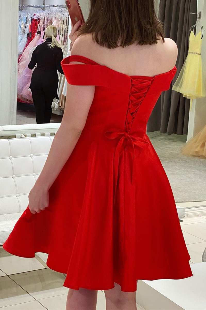 Sexy Red Short Off-The-Shoulder A Line Satin Homecoming Dress